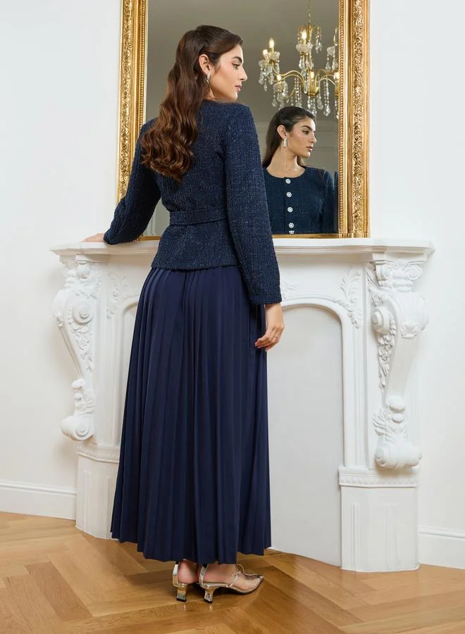 Styli Navy Blue Women Navy Blue Tweed Top and Pleated Skirt Co-Ords for Women | Best Price UAE